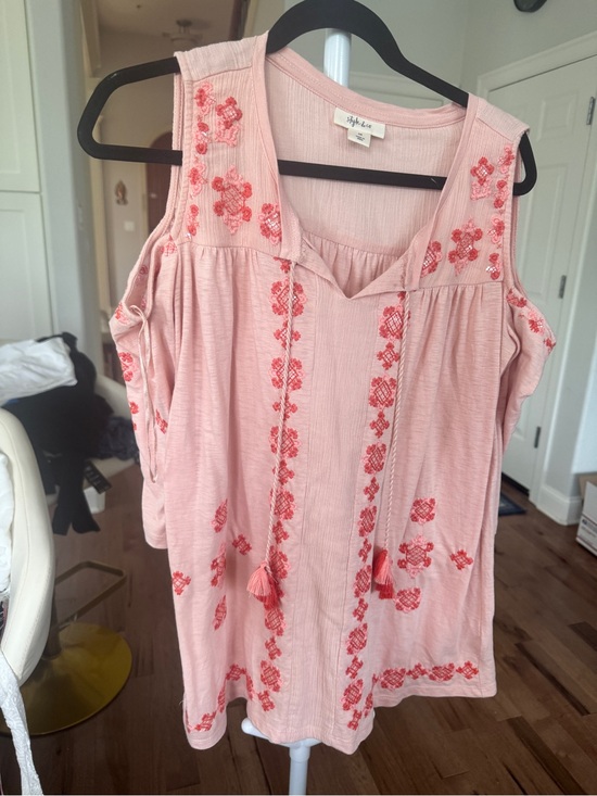 Style & Co. Tops - Style & Co. Blush Pink Cold-Shoulder Embroidered Tassel Tank